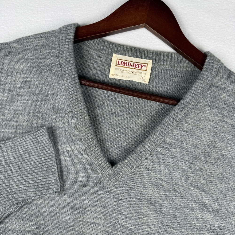 VTG Lord Jeff V-Neck Sweater Mens L Gray Orlon Wool Blend Vintage Made in USA